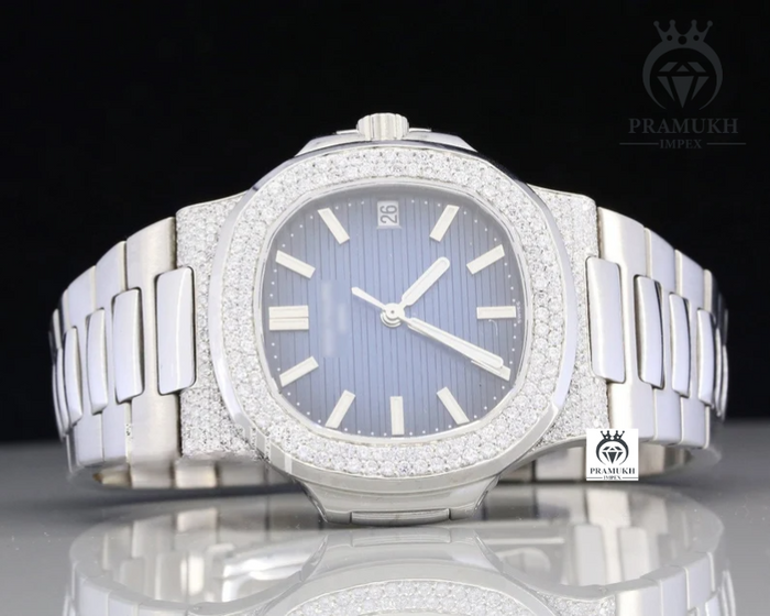Patek Philippe Blue Dial Stainless Steel Moissanite Watch