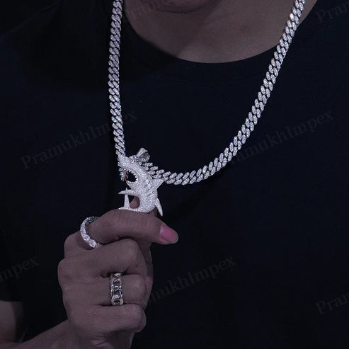 925 Silver Iced Out Handmade Moissanite Shark Pendant For Men's
