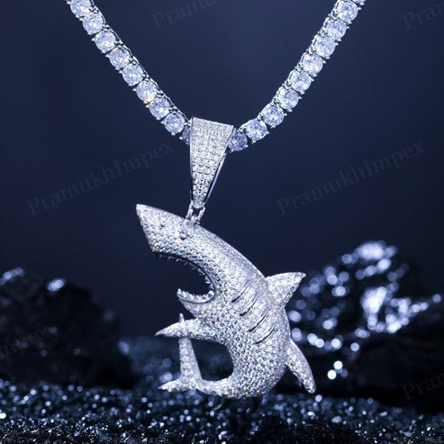 925 Silver Iced Out Handmade Moissanite Shark Pendant For Men's