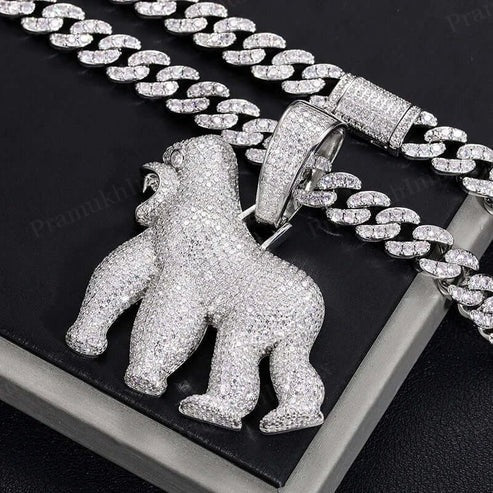 Sterling Silver VVS D Moissanite Full Iced out Gorilla Pendant For Animal Lover