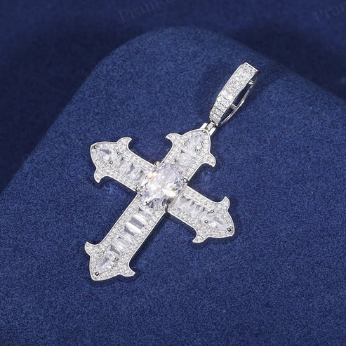Full Iced Out Baguette Moissanite Cross Gothic Pendant In Sterling Silver