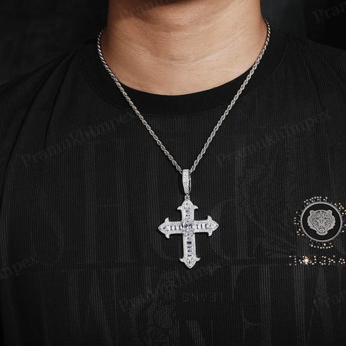 Full Iced Out Baguette Moissanite Cross Gothic Pendant In Sterling Silver