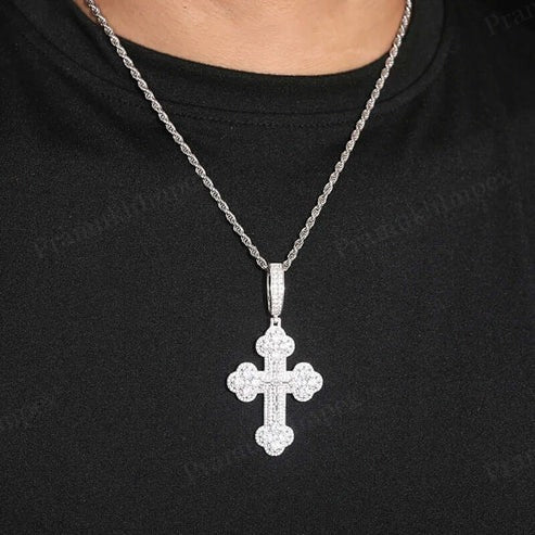 925 Sterling Silver Iced Out Moissanite Orthodox Cross Pendant