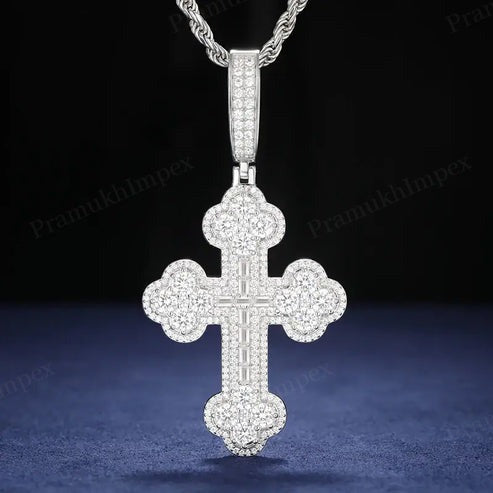925 Sterling Silver Iced Out Moissanite Orthodox Cross Pendant