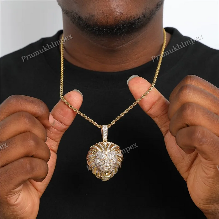 Hip Hop Yellow Gold Plated 925 Silver VVS Moissanite Lion Face Pendant