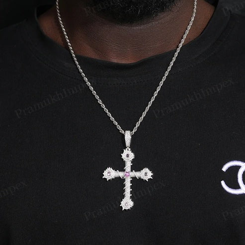 VVS Moissanite Iced out Barbed Cross Pendant In Sterling Silver