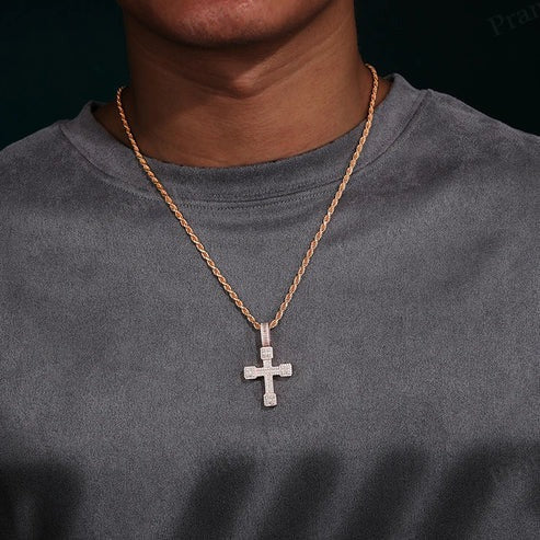 Rose Gold Plated 925 Silver VVS Moissanite Baguette Cross Pendant