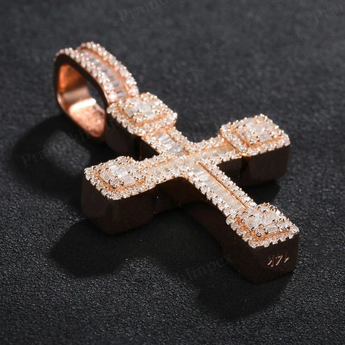 Rose Gold Plated 925 Silver VVS Moissanite Baguette Cross Pendant