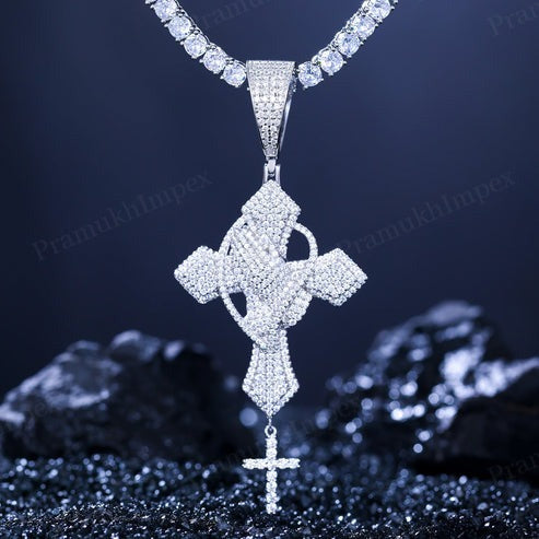 Sterling Silver Iced Out Praying Hands Cross Moissanite Pendant