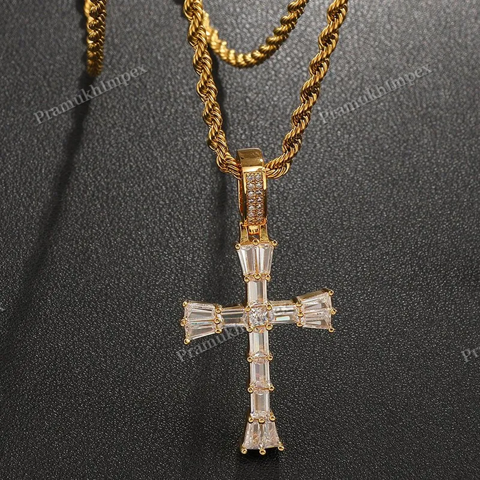 Handmade Baguette Moissanite 925 Silver Yellow Gold Plated Cross Pendant
