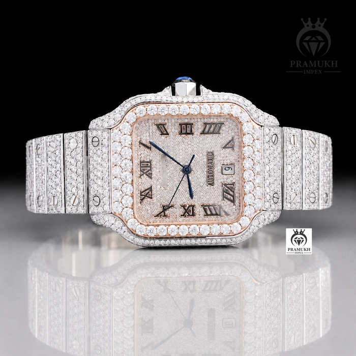 Two Tone Iced Out Roman Index Custom Moissanite Watch