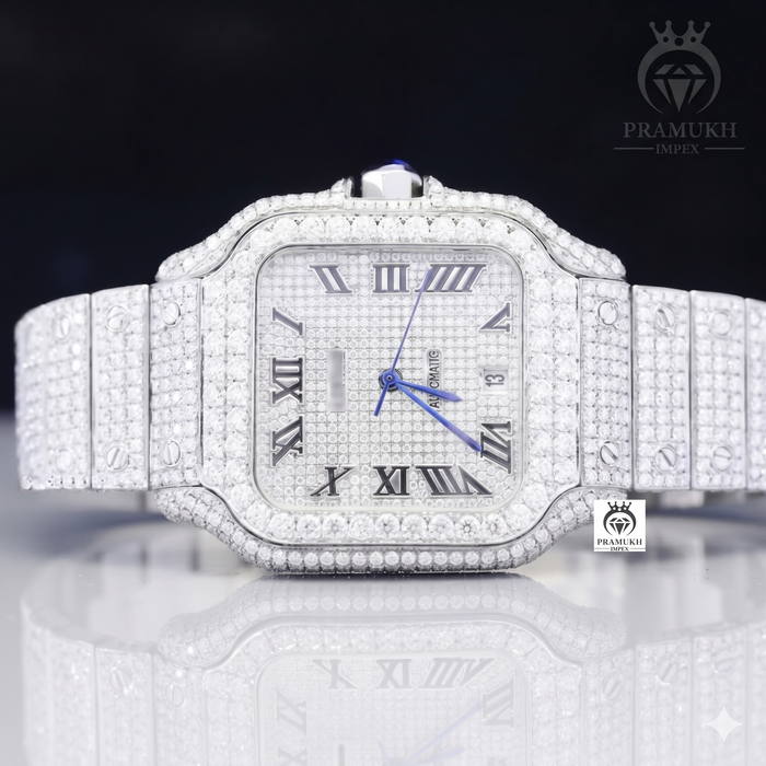 Iced Out Full White Roman Index Date Just Moissanite Watch