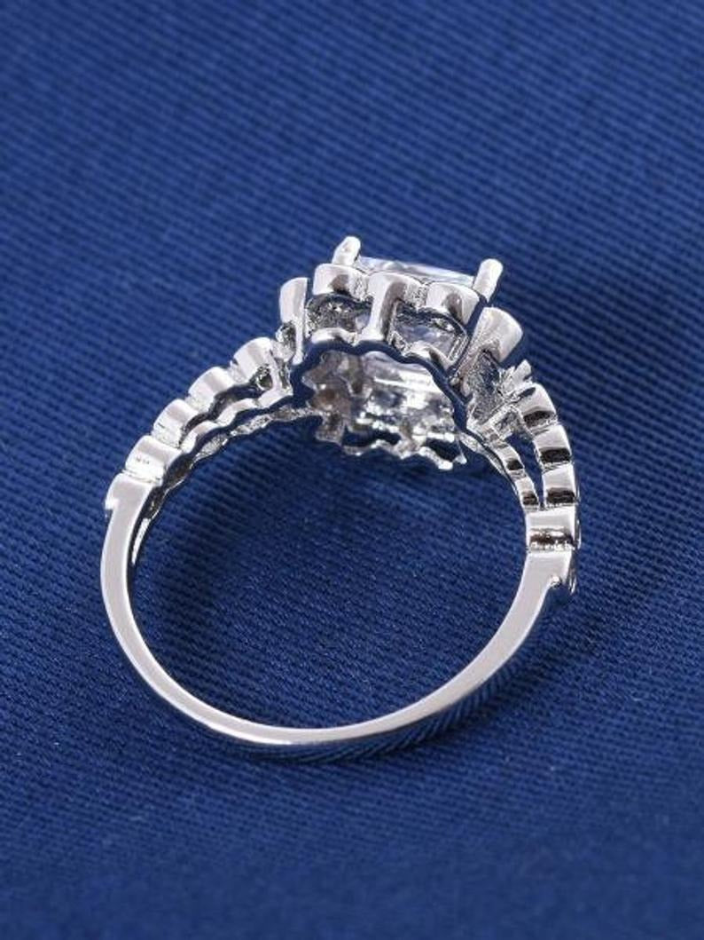 14k Solid White Gold Square Diamond Ring/ Moissanite Engagement Ring/ Art Deco Princess Cut ring, Halo Unique Wedding Ring jewelry