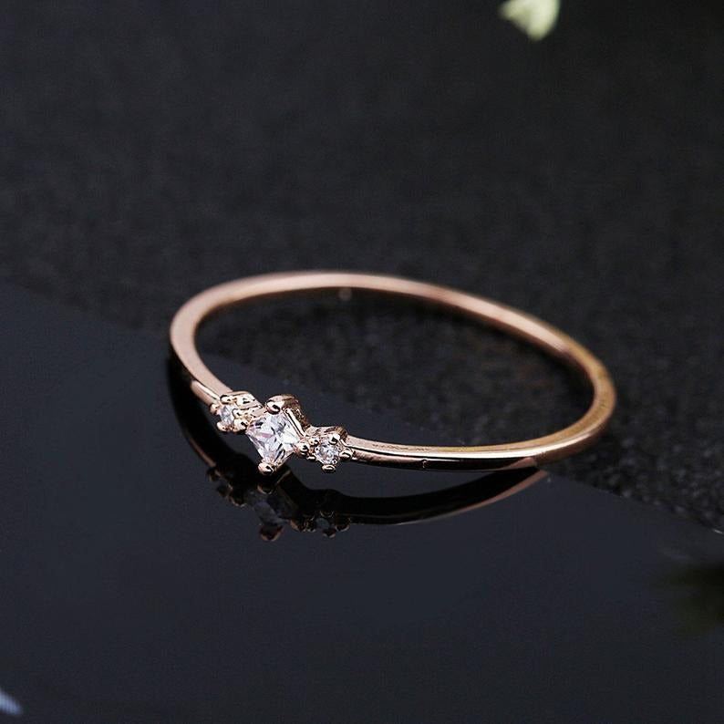 Princess Moissanite Engagement Ring Rose gold Unique simple Thin Dainty Round diamond wedding ring for women bridal anniversary gift