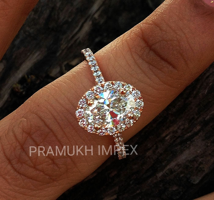 14K Rose Gold Ovel Cut halo Moissanite Wedding Ring, 1.90TDW Antique Engagement Ring - pramukhimpex
