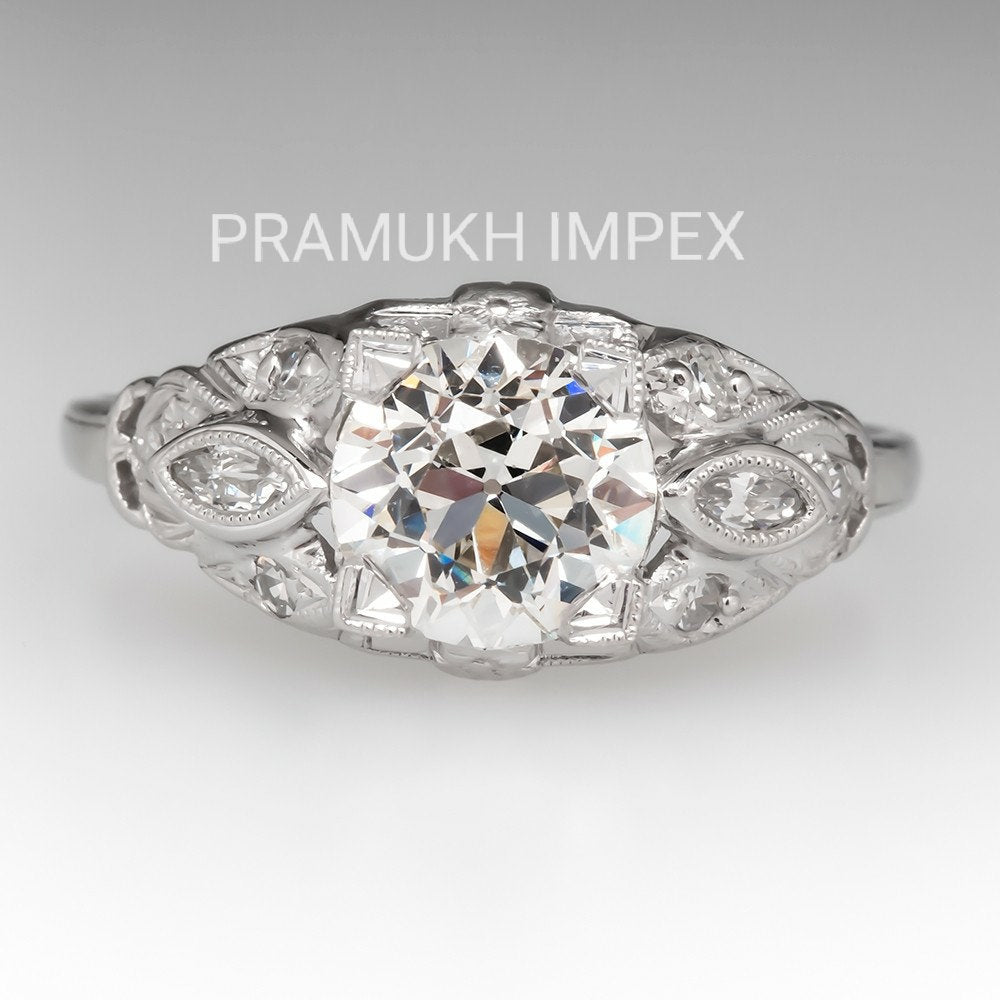 Old European Cut Diamond  Antique Engagement Ring , 14k White Gold 1920s Moissanite Vintage Ring , Anniversary Ring , Gift fer her , 1.53TDW - pramukhimpex