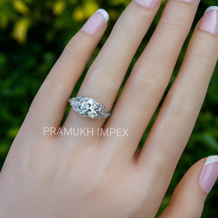 Old European Cut Diamond  Antique Engagement Ring , 14k White Gold 1920s Moissanite Vintage Ring , Anniversary Ring , Gift fer her , 1.53TDW - pramukhimpex
