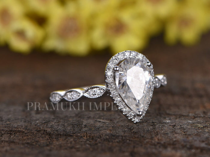 Pear Moissanite Engagement Ring White Gold Vintage Halo Diamond Wedding Ring Promise Cluster Anniversary Gift For Her 1.50CT - pramukhimpex
