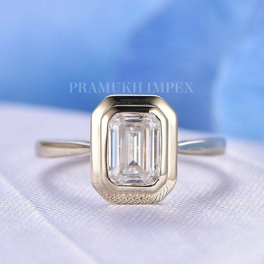 Emerald cut moissanite engagement ring solid 14k gold celtic unique bezel promise ring for women wedding diamond anniversary ring - pramukhimpex