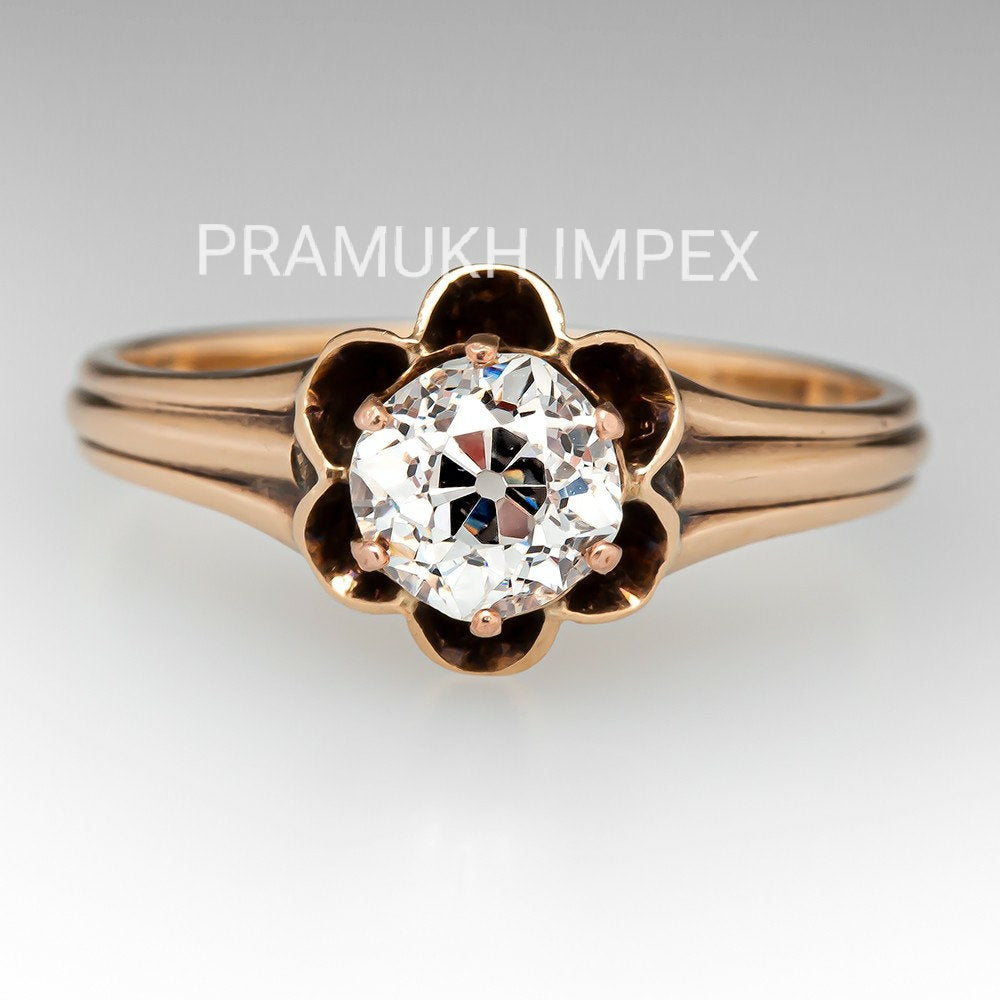 Vintage solitaire Engagement Ring, 0.76CT  contains an old mine cut diamond Moissanite 14k Rose Gold in 1890s - pramukhimpex