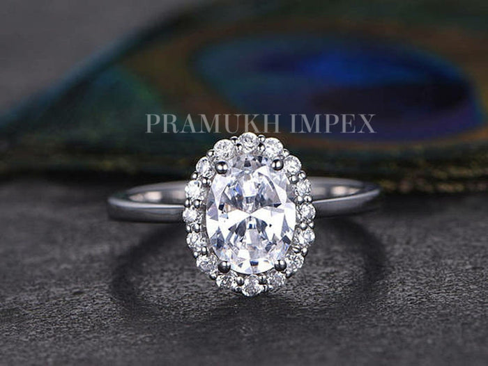White Gold vintage unique Flower Oval Cut Moissanite Halo engagement ring for women art deco diamond Cluster wedding Anniversary gift 1.98CT - pramukhimpex