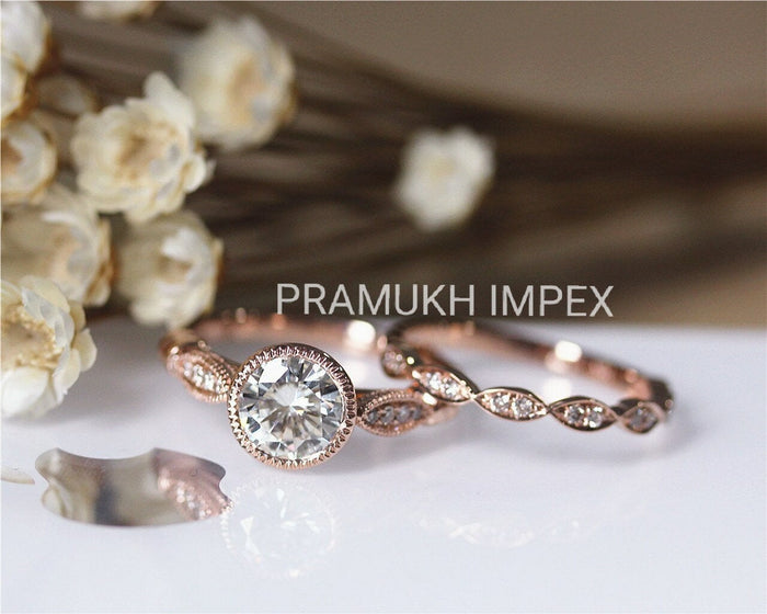 Moissanite Wedding Set Solid 14k Gold cluster vintage promise Round Diamond Bridal Sets For Women Anniversary Ring set  1.26TCW - pramukhimpex