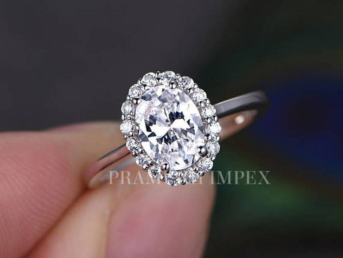 White Gold vintage unique Flower Oval Cut Moissanite Halo engagement ring for women art deco diamond Cluster wedding Anniversary gift 1.98CT - pramukhimpex