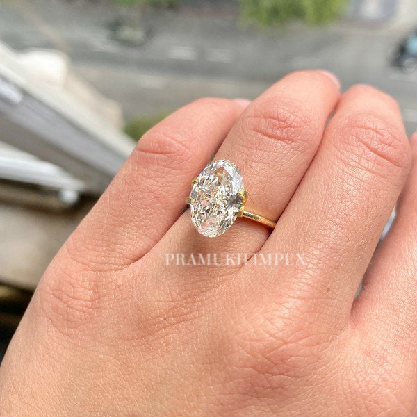 Oval shape Moissanite Engagement Ring, 3.77ct Solid 14K Yellow Gold, promise ring, forever one, Unique Design Man Made Diamond Wedding Ring - pramukhimpex