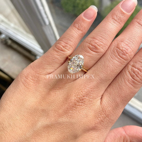 Oval shape Moissanite Engagement Ring, 3.77ct Solid 14K Yellow Gold, promise ring, forever one, Unique Design Man Made Diamond Wedding Ring - pramukhimpex