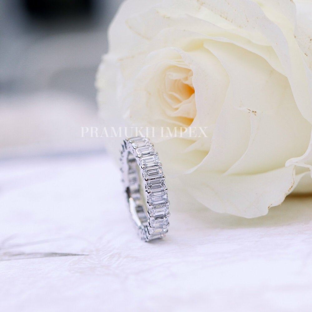 14K Gold Emerald Shape Wedding Ring , 3.50CT Moissanite Stacking Ring , Art Deco Wedding Band , Anniversary Ring - pramukhimpex