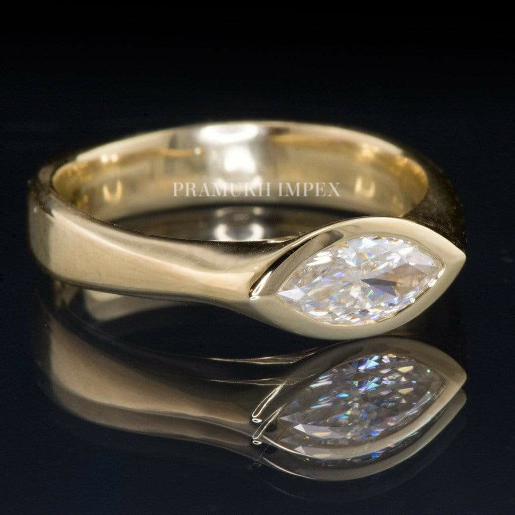 Marquise Cut Moissanite Engagement Ring Yellow Gold Bezel Solitaire Diamond wedding Ring - pramukhimpex