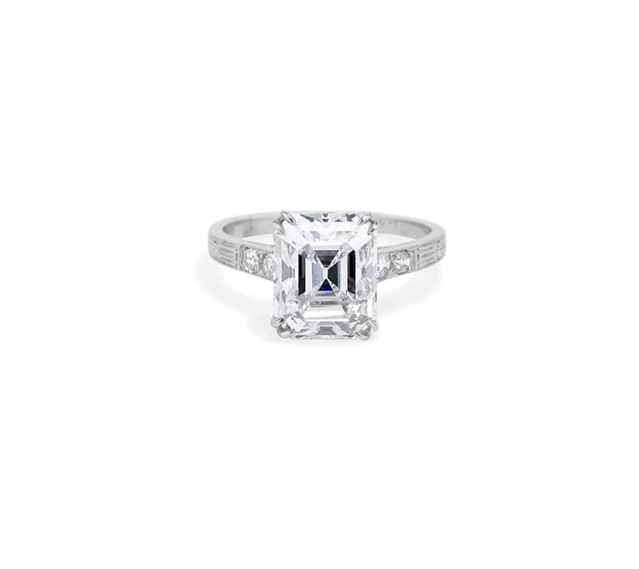 Art Deco Emerald Cut Diamond solitaire Engagement Ring set without Band 4.02carat 14k White Gold Moissanite Unique Desing Man Made Ring - pramukhimpex