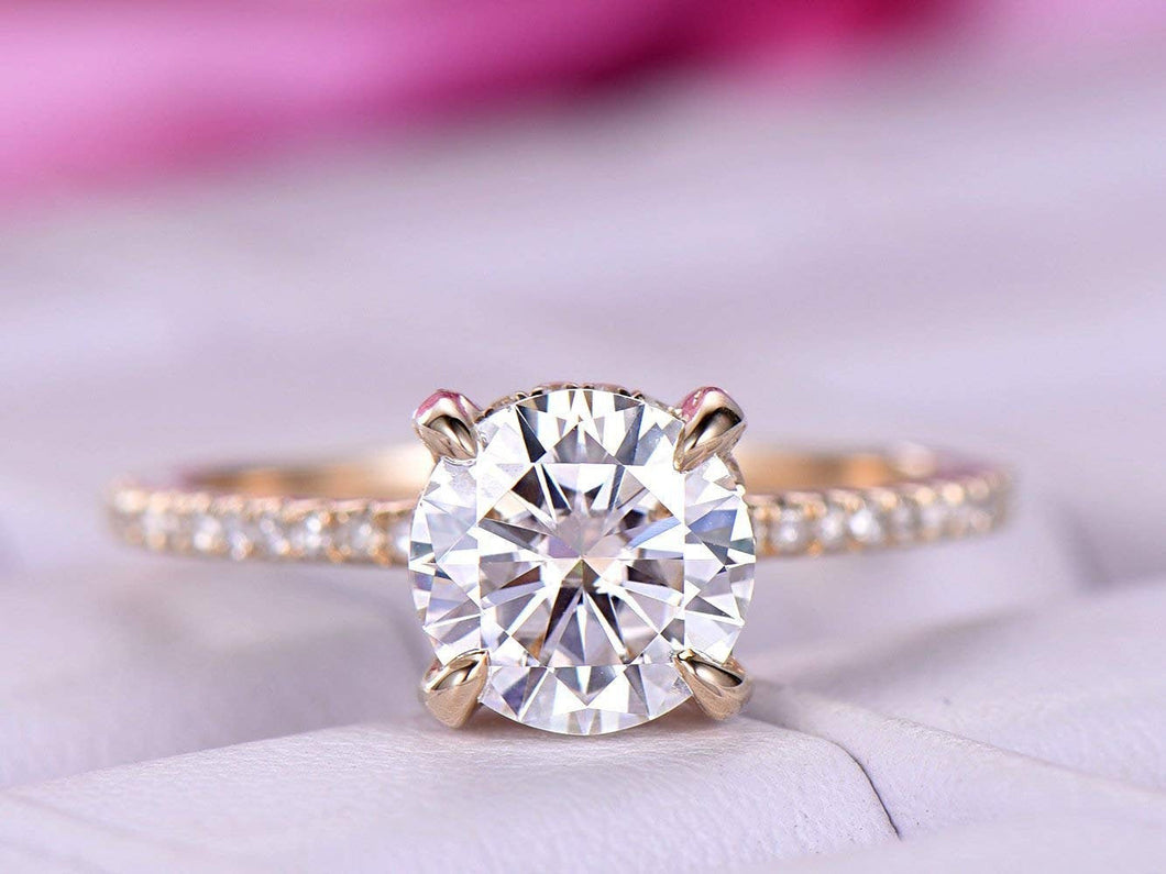 Colorless Moissanite Engagement Ring Rose Gold Pave Setting Vintage Unique Round Diamond Wedding Enternity Promise Anniversary Gift - pramukhimpex