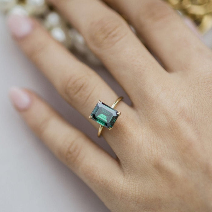Emerald Cut Green Moissanite Engagement Ring , 14K Gold Unique Design Diamond Wedding Ring , 3.45CT Promise ring - pramukhimpex