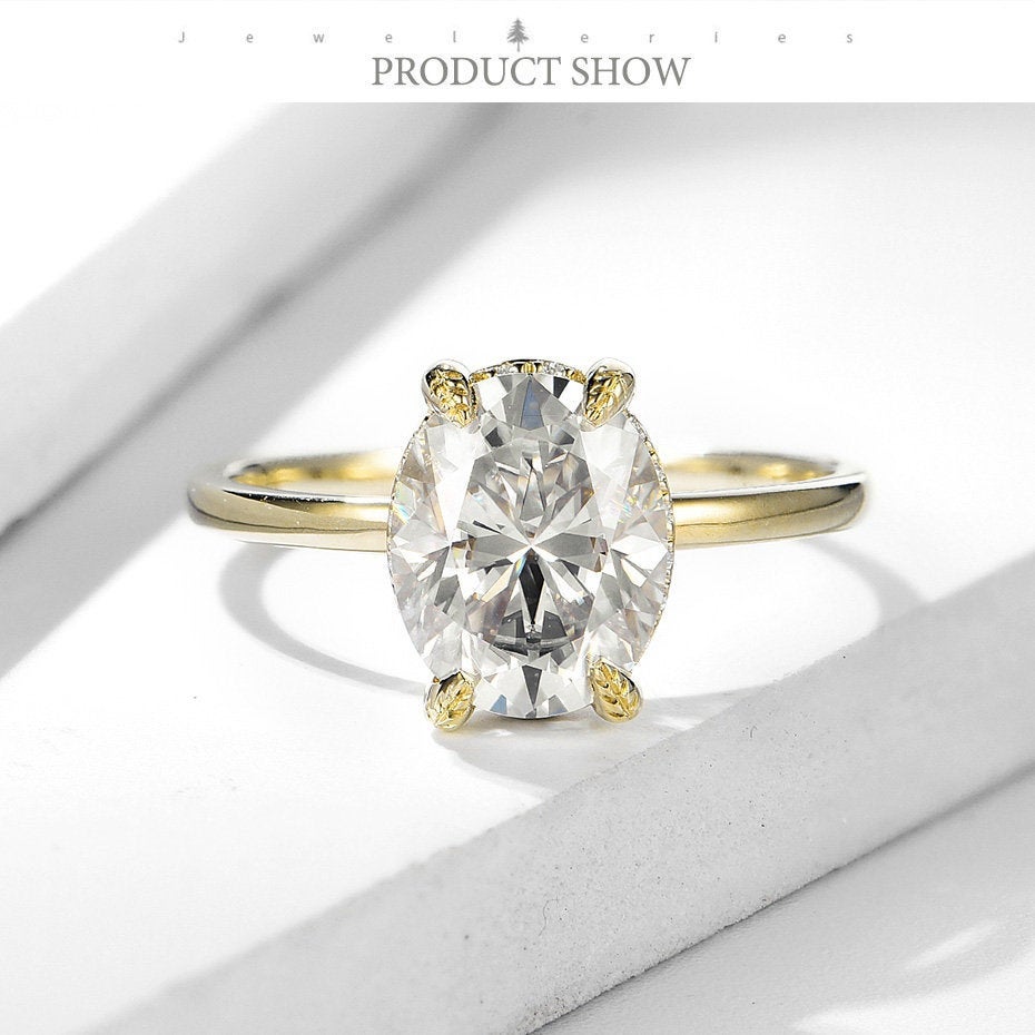 Oval Halo Moissanite Engagement Ring Yellow Gold Art deco unique engagement ring for women Oval diamond wedding Anniversary gift 3.00Ct - pramukhimpex
