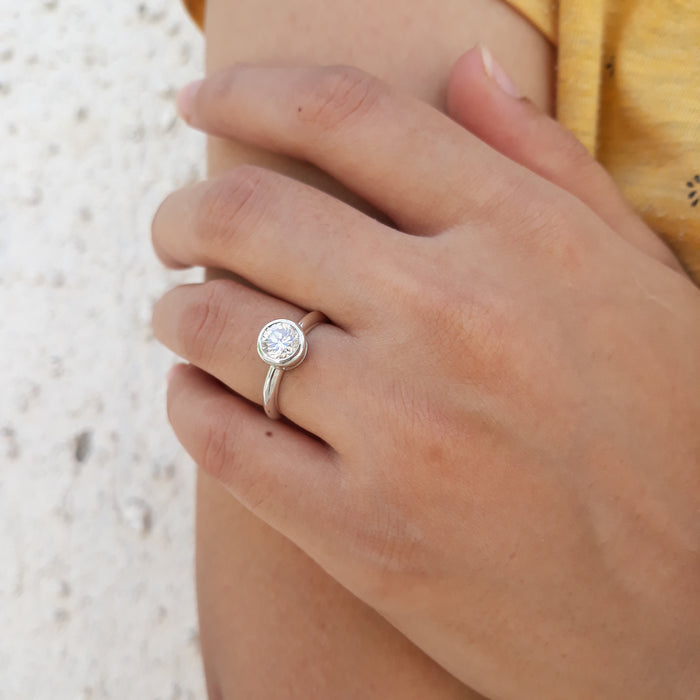 1.00ct Round Brilliant Moissanite Diamond Engagemen Rings  14K White Gold Wedding Ring Bezel Setting - pramukhimpex