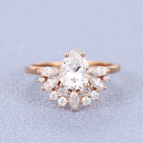 Art deco moissanite rose gold pear cut engagement ring bridal stacking vintage moissanite marquise diamond anniversary Ring - pramukhimpex