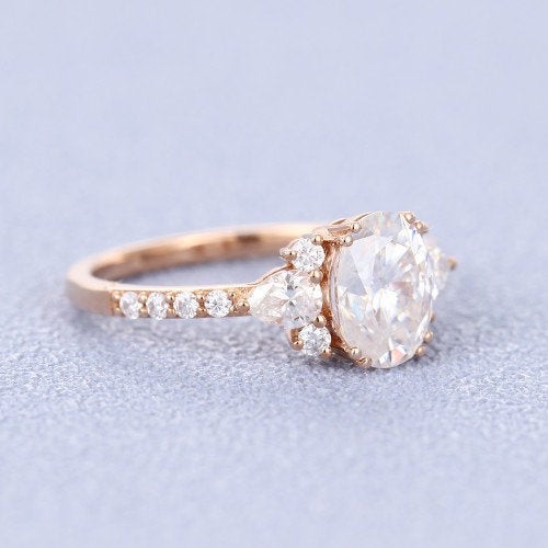 Moissanite engagement ring rose gold oval moissanite ring diamond band art deco unique vintage cluster Pear ring wedding Bridal Anniversary - pramukhimpex