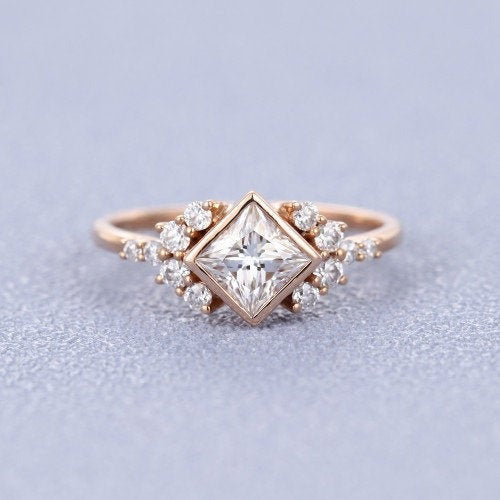 Princess cut Moissanite ring Engagement Ring rose gold women Vintage Cluster ring bridal jewelry Promise Anniversary Gift for Her woman - pramukhimpex