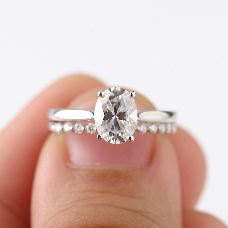 1.50CT 6x8mm Oval Moissanite Engagement Ring Set White Gold Vintage Unique Promise Ring Set For Women Wedding Ring set anniversary Gift - pramukhimpex