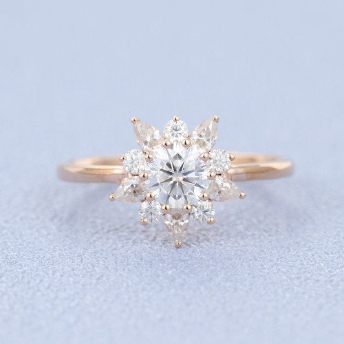 Unique Engagement ring rose gold round shaped pear cut diamond moissanite ring women Prong  Halo  ring Anniversary rings - pramukhimpex