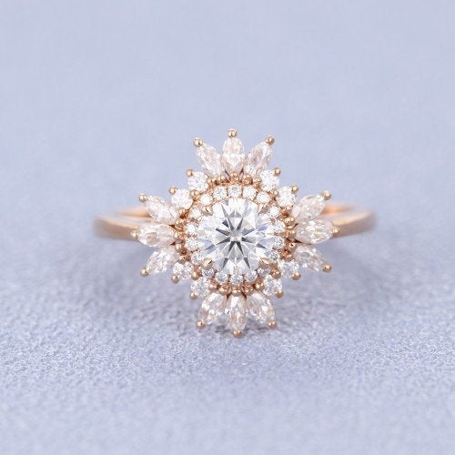 Vintage engagement ring rose gold halo diamond Round and Marquise moissanite Forever One ring Antique wedding Anniversary ring - pramukhimpex