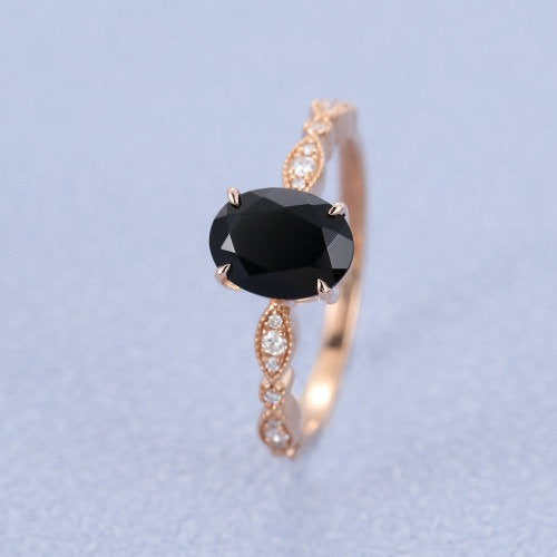 Black Onyx engagement ring vintage Rose gold engagement ring for women art deco Oval cut Moissanite wedding Anniversary gift - pramukhimpex