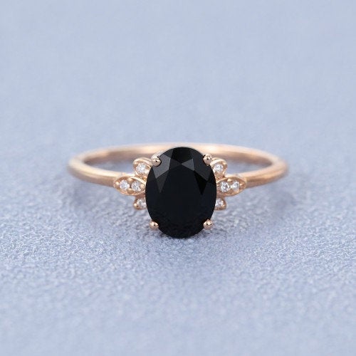 Black onyx engagement ring vintage Rose gold onyx engagement ring for women Round moissanite Cluster wedding Promise gift - pramukhimpex