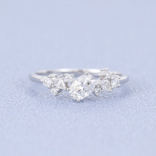 Oval cut White Moissanite engagement white gold vintage Pear shape diamond Cluster engagement ring for women unique Bridal Promise gift - pramukhimpex