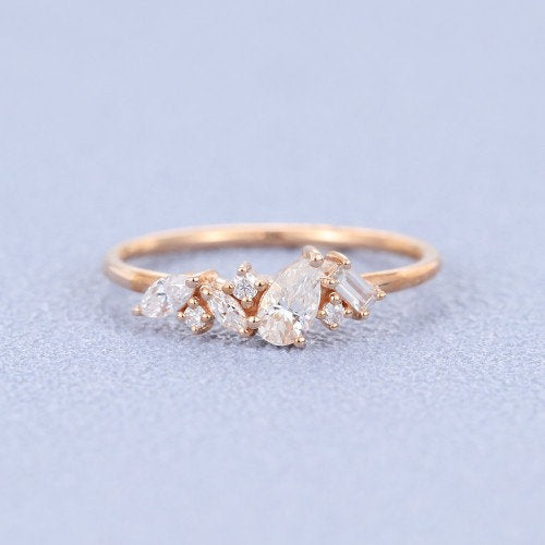Vintage Moissanite engagement ring rose gold Unique Pear shaped diamond Cluster engagement ring Baguette cut for women art deco Promise gift - pramukhimpex