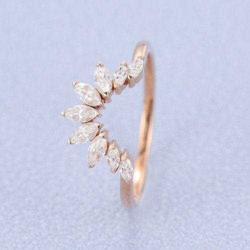 Vintage Rose Gold Marquise cut Moissanite Curved Elegant Wedding Band for Women Unique Bridal Jewellery Promise Ring christmas Birthday gift - pramukhimpex