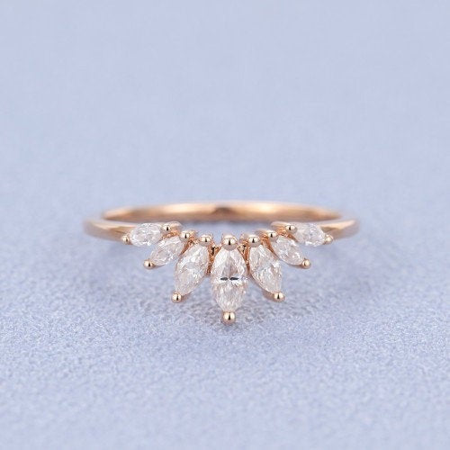 Christmas gift Curved exquisite moissanite rose gold marquise cut unique Vintage wedding band for bridal Promise Engagement Ring for women - pramukhimpex