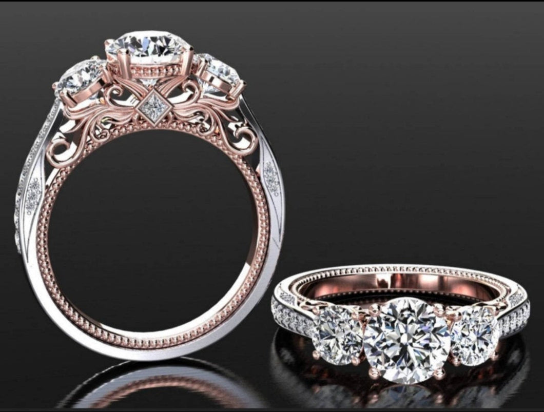 Three Stone Moissanite Engagement Ring 14k Rose Gold Vintage Diamond Wedding for women art deco Ring center 7.5mm  side stone 5mm on Etsy - pramukhimpex