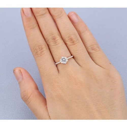 0.72ct Hexagon cut Moissanite Engagement Ring women Gold vintage diamond wedding ring jewelry Promise Anniversary gift for her - pramukhimpex